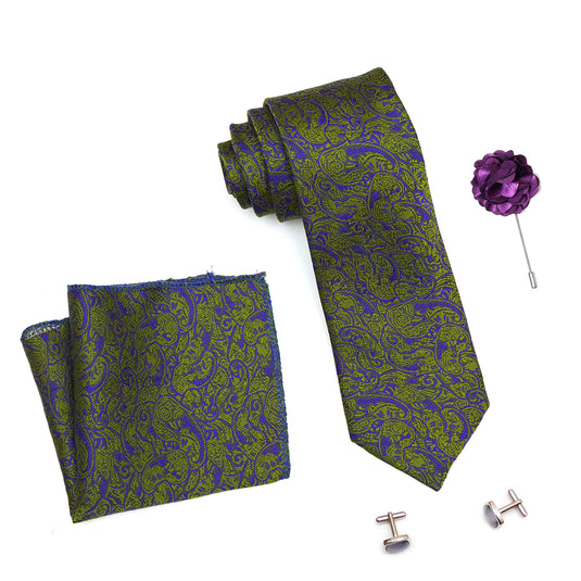 RIZORO Mens Plaid Pasiley Silk Necktie Tie Gift Set With Pocket Square, Cufflinks & Brooch Pin Formal Tie With Leatherite Box (PARRB, Free Size)