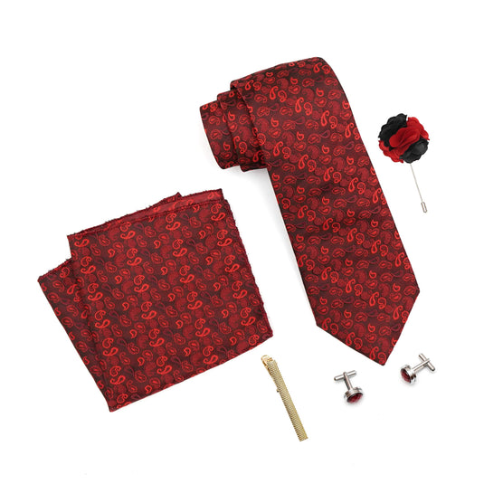 RIZORO Mens Plaid Micro Self Silk Paisley Red Necktie Gift Set With Pocket Square Cufflinks Brooch Pin Men Tie Clip Formal Tie With Wooden Box For Gifting (RW_39, Free Size)