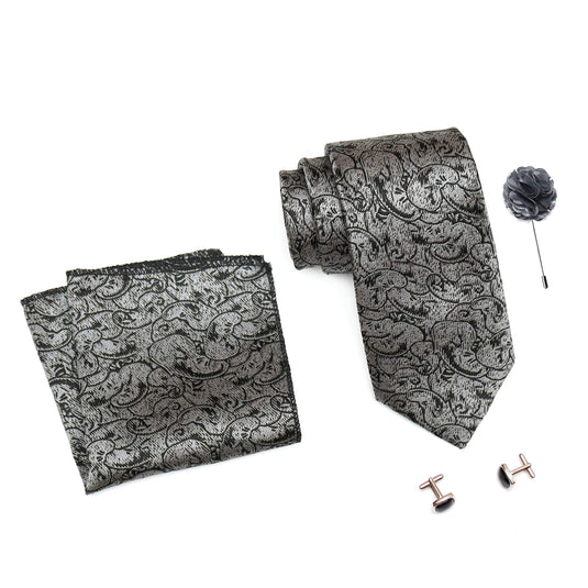 RIZORO Mens Plaid Pasiley Silk Necktie Tie Gift Set With Pocket Square, Cufflinks & Brooch Pin Formal Tie With Leatherite Box (PARRB, Free Size)