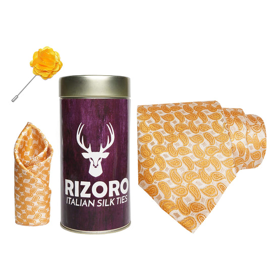 RIZORO Mens Plaid Pasiley Silk Necktie Gift Set With Pocket Square & Brooch Pin Formal Tie Combo (AMBICRT, Free Size)