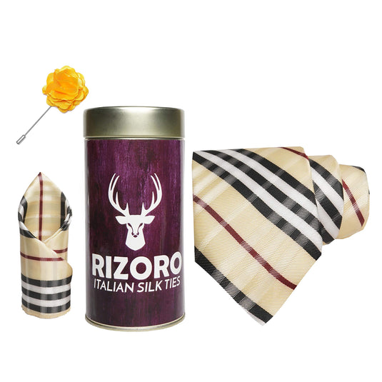RIZORO Mens Plaid Checkered Silk Necktie Gift Set With Pocket Square & Brooch Pin Formal Tie Combo (BURRT, Free Size)