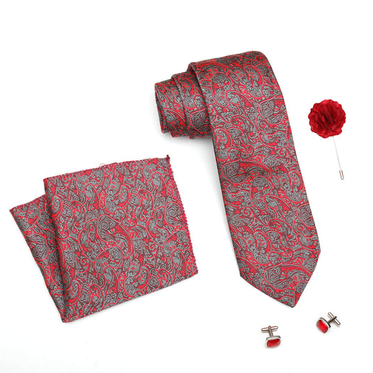 RIZORO Mens Plaid Pasiley Silk Necktie Tie Gift Set With Pocket Square, Cufflinks & Brooch Pin Formal Tie With Leatherite Box (PARRB, Free Size)