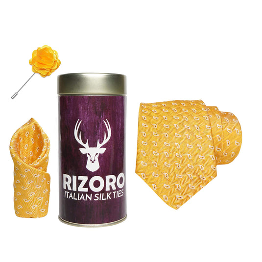 RIZORO Mens Plaid Pasiley Silk Necktie Gift Set With Pocket Square & Brooch Pin Formal Tie Combo (AMBICRT, Free Size)