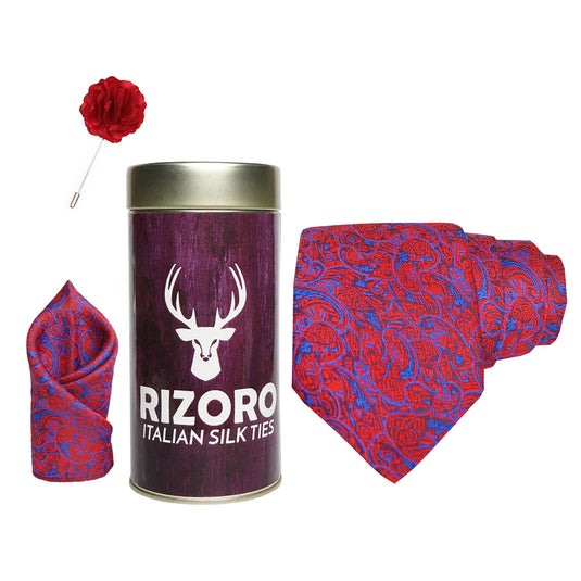 RIZORO Mens Plaid Pasiley Silk Necktie Gift Set With Pocket Square & Brooch Pin Formal Tie Combo (PARRT, Free Size)