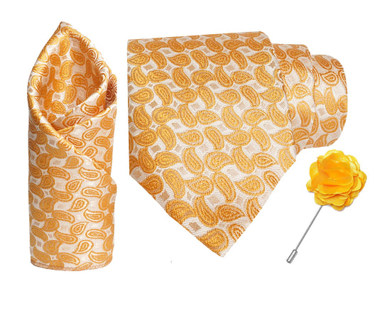 RIZORO Mens Plaid Pasiley Silk Necktie Tie Gift Set With Pocket Square & Brooch Pin Formal Tie Set (AMBICRS, Free Size)