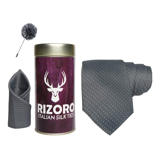RIZORO Mens Plaid Dotted Silk Necktie Gift Set With Pocket Square & Brooch Pin Formal Tie Combo (D1RT, Free Size)