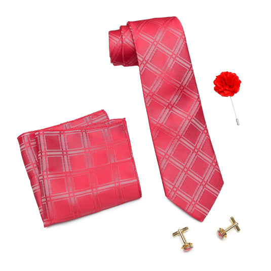 Axlon Men's Micro Polyester Broad Checked Necktie Set with Pocket Square, Brooch Pin and Cufflinks (Red, Free Size)