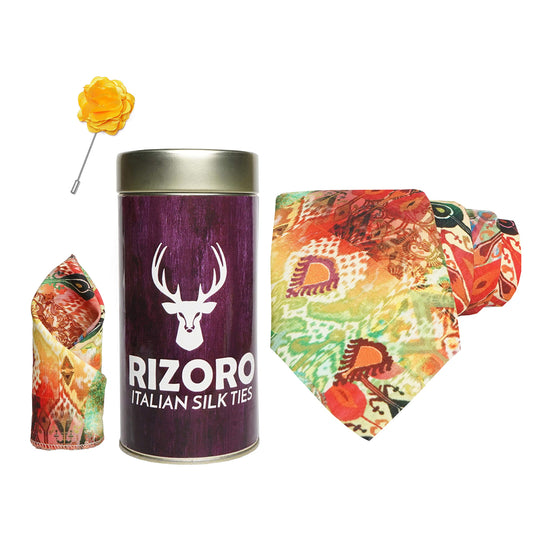 RIZORO Mens Plaid Boho Printed Silk Necktie Gift Set With Pocket Square & Brooch Pin Formal Tie Combo (Multi-Coloured 1, BOHOM1RT, Free Size)
