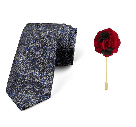 AXLON Men's Micro Polyester Paisley Necktie Set with Pocket Square and Brooch Pin (Blue, Free Size)