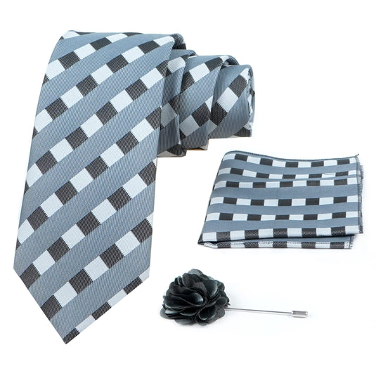 Axlon Mens Plaid Micro Self Silk Necktie Gift Set With Pocket Square & Brooch Pin Tie for Men Formal Tie Set with Box (Pack of 3) (Grey, 2022AX_32)