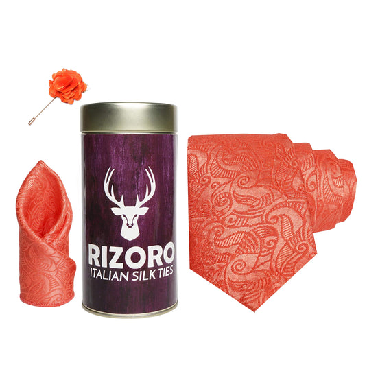 RIZORO Mens Plaid Pasiley Silk Necktie Gift Set With Pocket Square & Brooch Pin Formal Tie Combo (JCRT, Free Size)