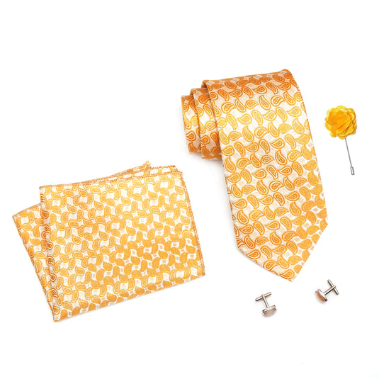 RIZORO Mens Plaid Pasiley Silk Necktie Tie Gift Set With Pocket Square, Cufflinks & Brooch Pin Formal Tie With Leatherite Box (AMBICRB, Free Size)