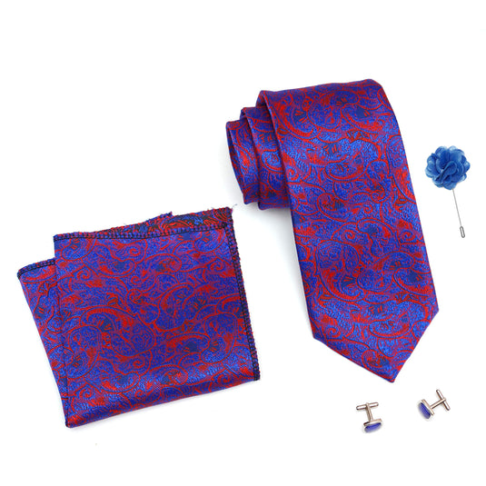 RIZORO Mens Plaid Pasiley Silk Necktie Tie Gift Set With Pocket Square, Cufflinks & Brooch Pin Formal Tie With Leatherite Box (PARRB, Free Size)
