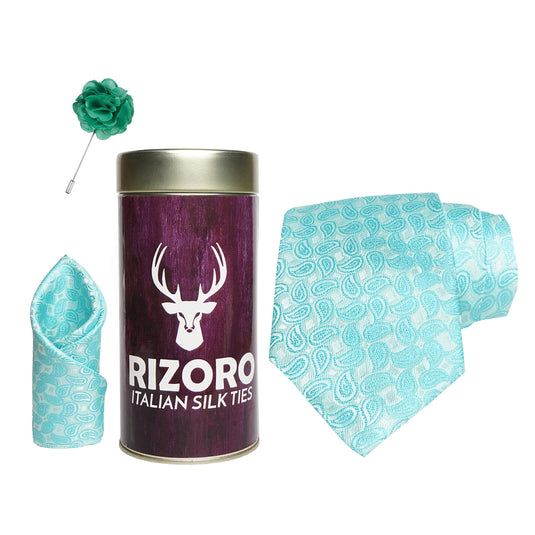 RIZORO Mens Plaid Pasiley Silk Necktie Gift Set With Pocket Square & Brooch Pin Formal Tie Combo (AMBICRT, Free Size)