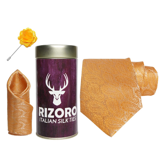 RIZORO Mens Plaid Pasiley Silk Necktie Gift Set With Pocket Square & Brooch Pin Formal Tie Combo (AMBM1RT, Free Size)