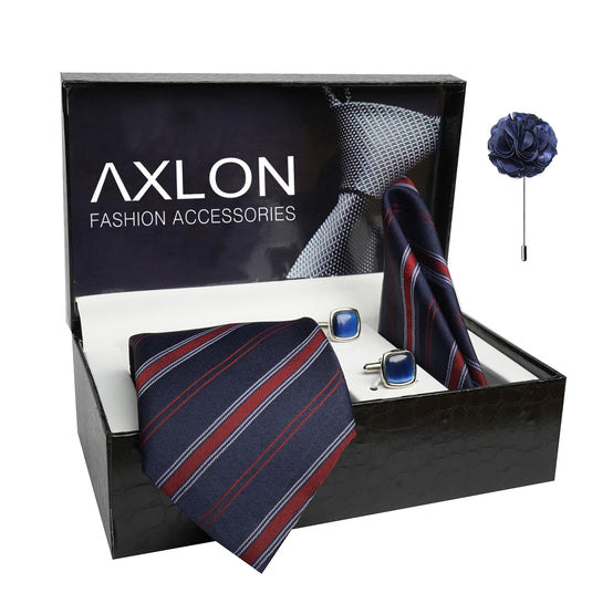 Axlon Mens Plaid Stripped Silk Necktie Gift Set With Pocket Square Cufflinks & Brooch Pin Tie For Men Formal With Leatherite Box