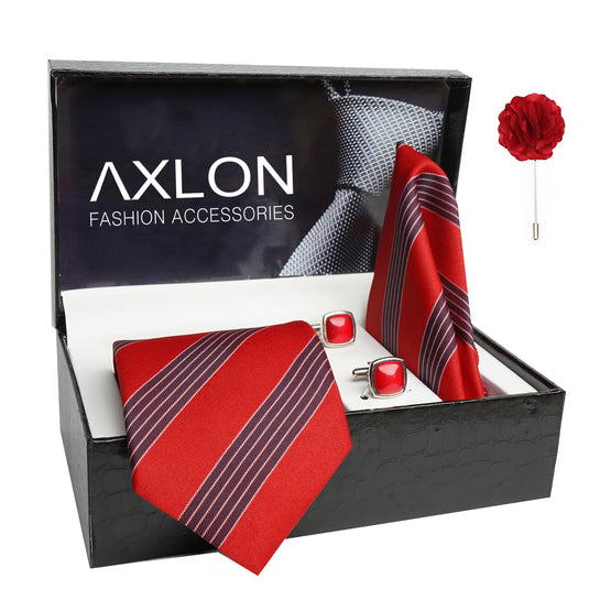 Axlon Mens Plaid Stripped Silk Necktie Gift Set With Pocket Square Cufflinks & Brooch Pin Tie For Men Formal With Leatherite Box