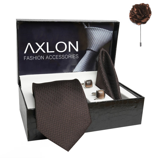 Axlon Mens Plaid Micro Self Silk Necktie Gift Set With Pocket Square Cufflinks & Brooch Pin Tie For Men Formal With Leatherite Box