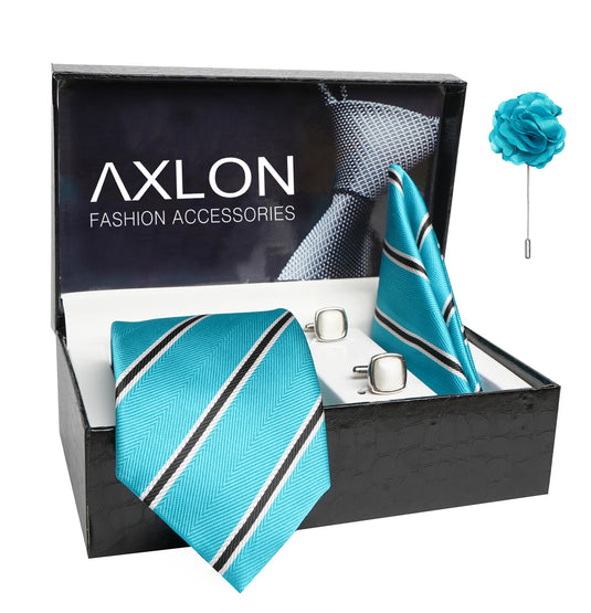Axlon Mens Plaid Stripped Silk Necktie Gift Set With Pocket Square Cufflinks & Brooch Pin Tie For Men Formal With Leatherite Box