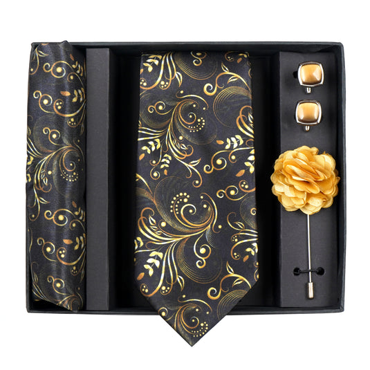 Axlon Mens Plaid Micro Self Silk Necktie Gift Set With Pocket Square Cufflinks & Brooch Pin Tie for Men Formal Tie Set with Box