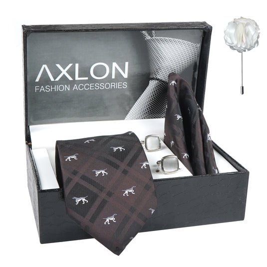Axlon Men's Check Micro Wooven Silk Necktie Gift Set With Pocket Square Cufflinks & Brooch Pin Tie for Men Formal Tie Set with Box