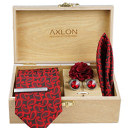Axlon Tie Set for Men - Crimson Red, paisley | Necktie Gift Box with Cufflinks, Pocket Square & Lapel Pin