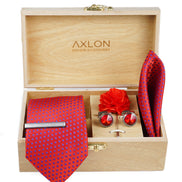 Axlon Tie Set for Men - Crimson Red, Dotted | Necktie Gift Box with Cufflinks, Pocket Square & Lapel Pin