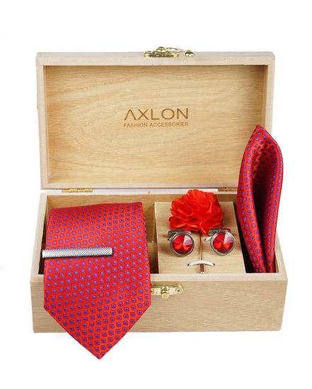 Axlon Tie Set for Men - Crimson Red, Dotted | Necktie Gift Box with Cufflinks, Pocket Square & Lapel Pin