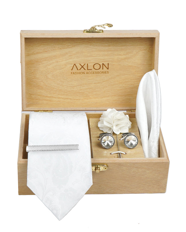 Axlon Tie Set for Men - Pure White, Paisley | Necktie Gift Box with Cufflinks, Pocket Square & Lapel Pin