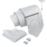 Axlon Tie Set for Men - Pure White, Paisley | Necktie Gift Box with Cufflinks, Pocket Square & Lapel Pin