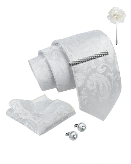 Axlon Tie Set for Men - Pure White, Paisley | Necktie Gift Box with Cufflinks, Pocket Square & Lapel Pin