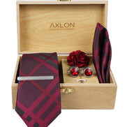 Axlon Tie Set for Men - Deep Wine, Checkered | Necktie Gift Box with Cufflinks, Pocket Square & Lapel Pin