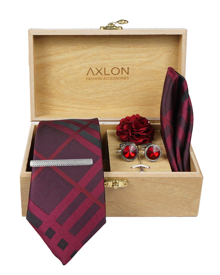 Axlon Tie Set for Men - Deep Wine, Checkered | Necktie Gift Box with Cufflinks, Pocket Square & Lapel Pin
