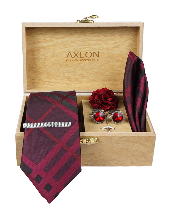 Axlon Tie Set for Men - Deep Wine, Checkered | Necktie Gift Box with Cufflinks, Pocket Square & Lapel Pin
