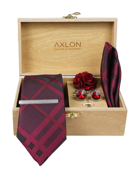 Axlon Tie Set for Men - Deep Wine, Checkered | Necktie Gift Box with Cufflinks, Pocket Square & Lapel Pin