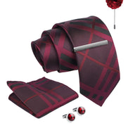 Axlon Tie Set for Men - Deep Wine, Checkered | Necktie Gift Box with Cufflinks, Pocket Square & Lapel Pin