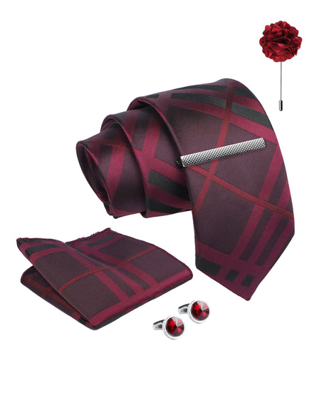 Axlon Tie Set for Men - Deep Wine, Checkered | Necktie Gift Box with Cufflinks, Pocket Square & Lapel Pin