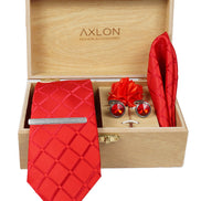 Axlon Tie Set for Men - Crimson Red,  checkered | Necktie Gift Box with Cufflinks, Pocket Square & Lapel Pin