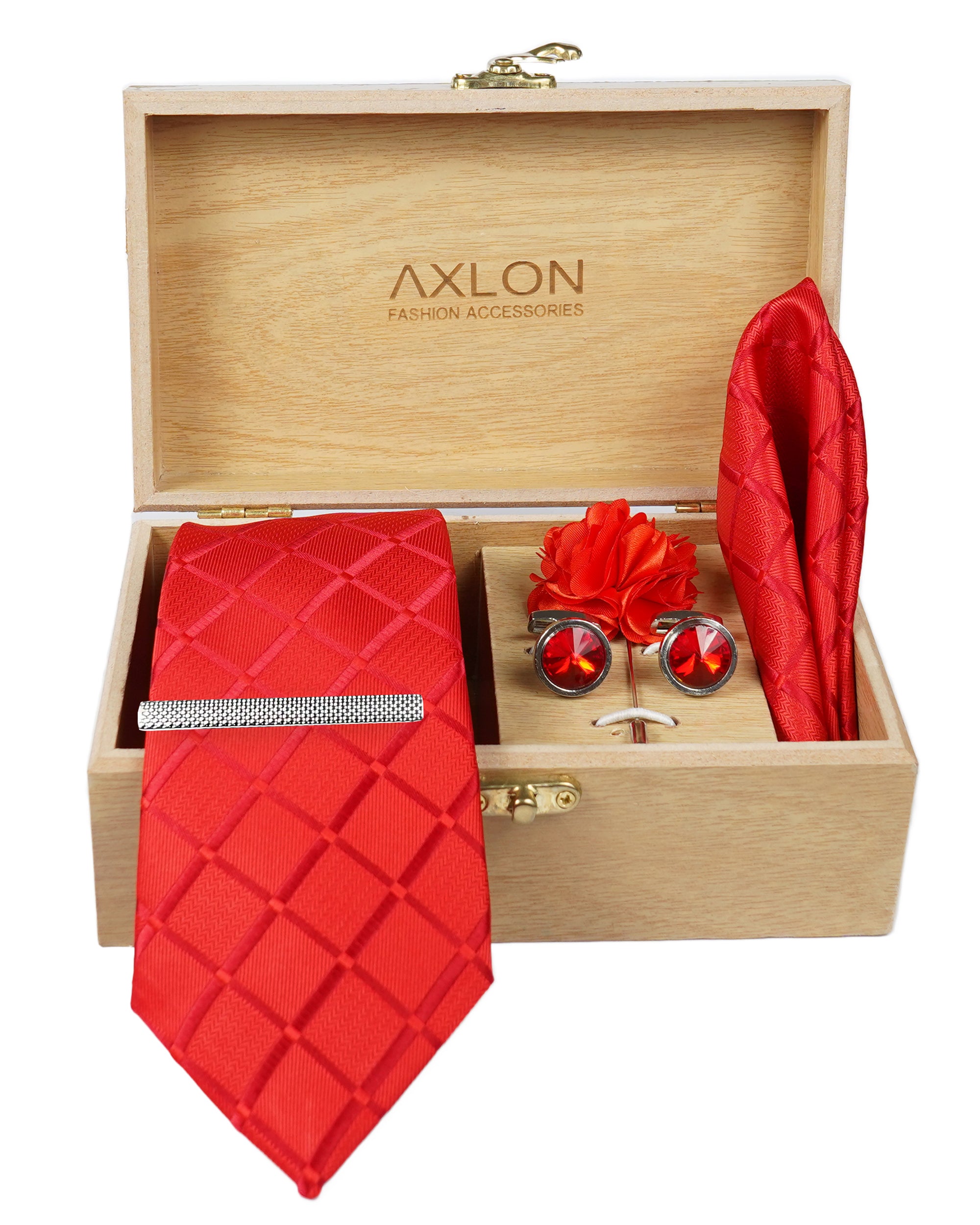 Axlon Tie Set for Men - Crimson Red,  checkered | Necktie Gift Box with Cufflinks, Pocket Square & Lapel Pin