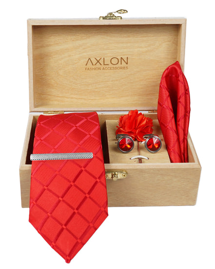 Axlon Tie Set for Men - Crimson Red,  checkered | Necktie Gift Box with Cufflinks, Pocket Square & Lapel Pin