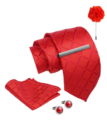 Axlon Tie Set for Men - Crimson Red,  checkered | Necktie Gift Box with Cufflinks, Pocket Square & Lapel Pin