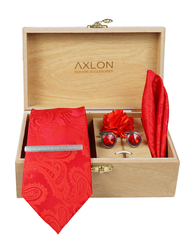 Axlon Tie Set for Men -  Crimson Red, paisley | Necktie Gift Box with Cufflinks, Pocket Square & Lapel Pin