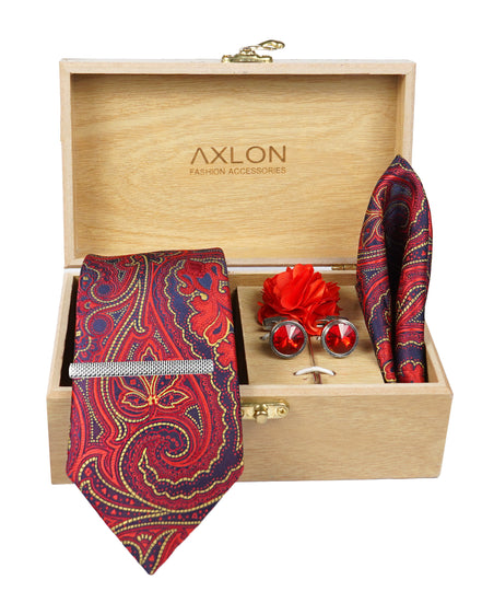 Axlon Tie Set for Men - Luxe Maroon, paisley | Necktie Gift Box with Cufflinks, Pocket Square & Lapel Pin