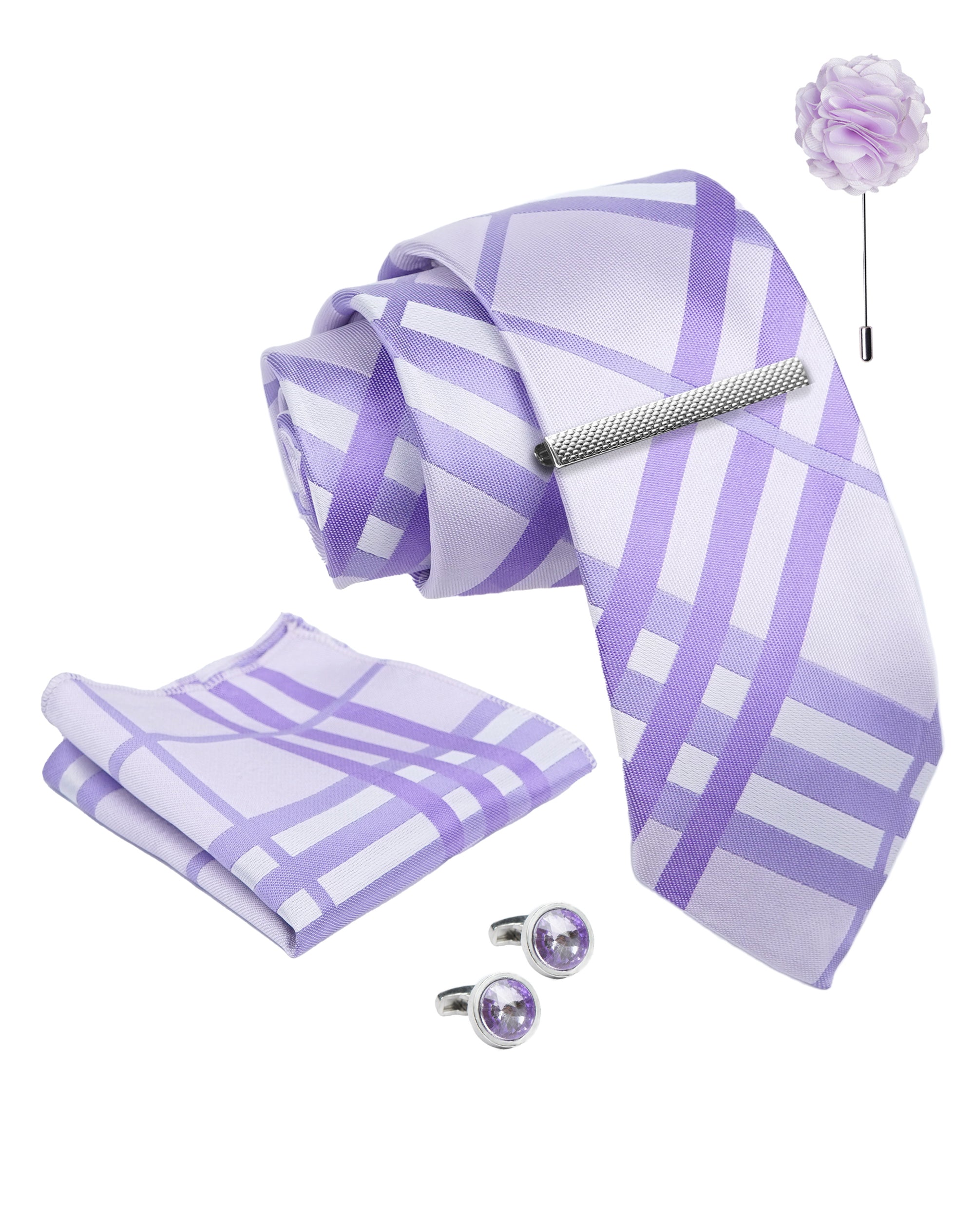 Axlon Tie Set for Men - Soft Lavender,  checkered | Necktie Gift Box with Cufflinks, Pocket Square & Lapel Pin
