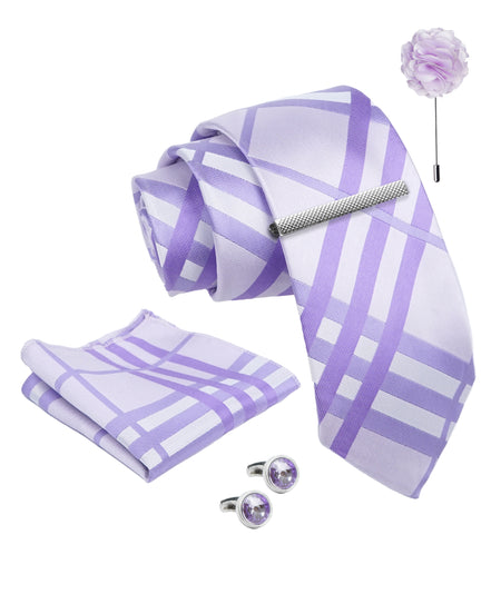 Axlon Tie Set for Men - Soft Lavender,  checkered | Necktie Gift Box with Cufflinks, Pocket Square & Lapel Pin