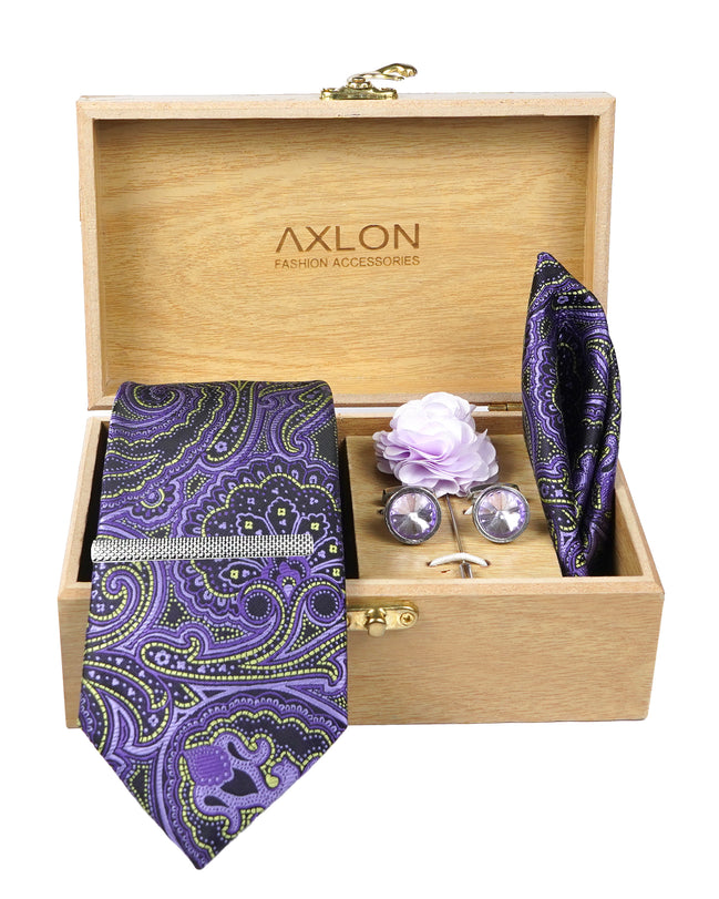 Axlon Tie Set for Men - Soft Lavender, Paisley | Necktie Gift Box with Cufflinks, Pocket Square & Lapel Pin