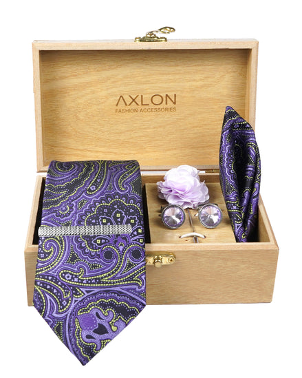 Axlon Tie Set for Men - Soft Lavender, Paisley | Necktie Gift Box with Cufflinks, Pocket Square & Lapel Pin