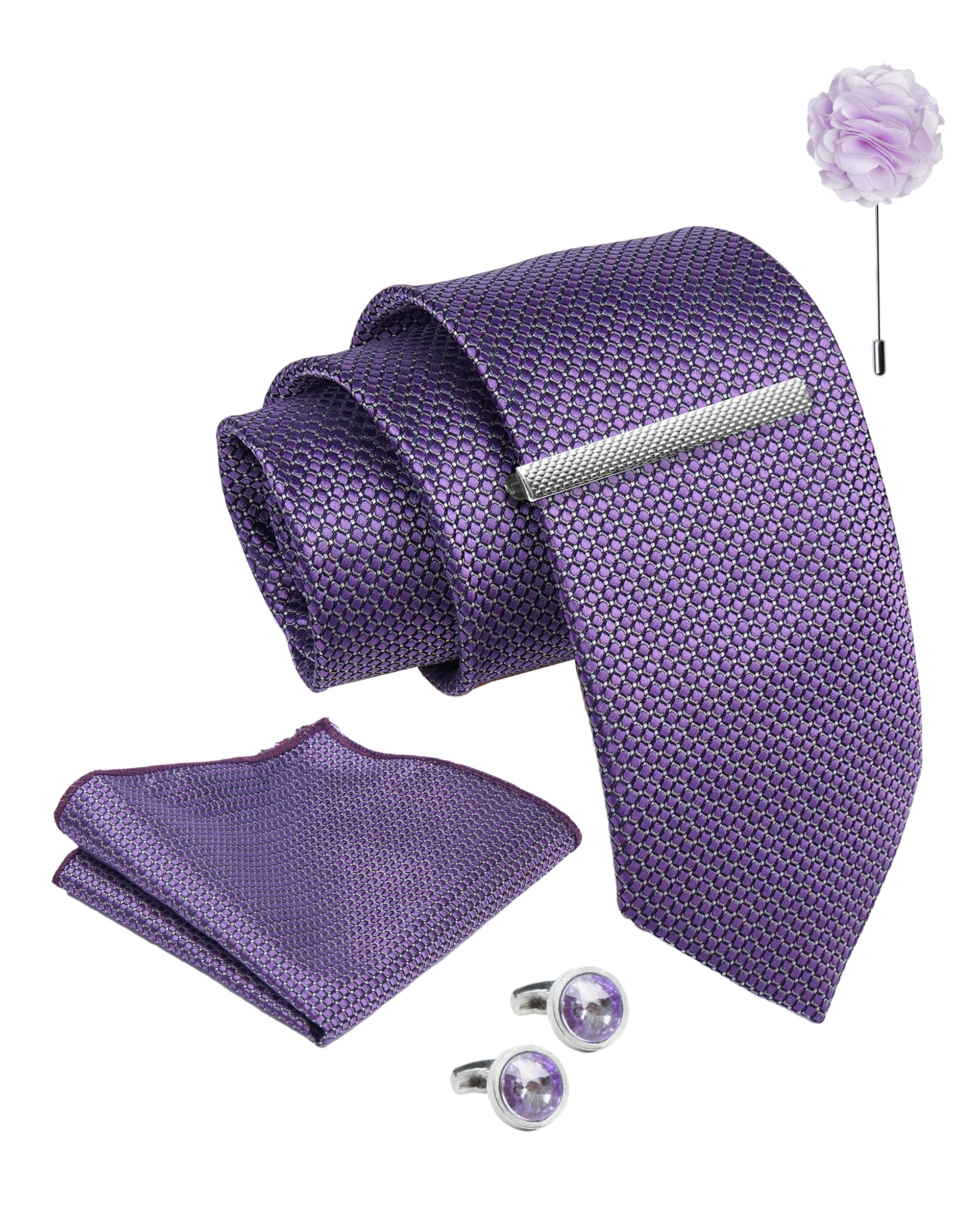 Axlon Tie Set for Men -  Soft Lavender, Dotted | Necktie Gift Box with Cufflinks, Pocket Square & Lapel Pin