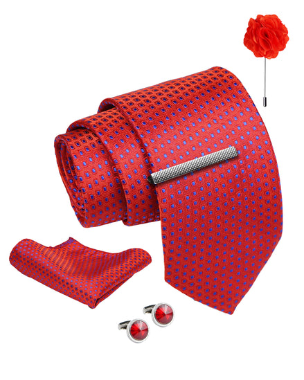Axlon Tie Set for Men - Crimson Red, Dotted | Necktie Gift Box with Cufflinks, Pocket Square & Lapel Pin