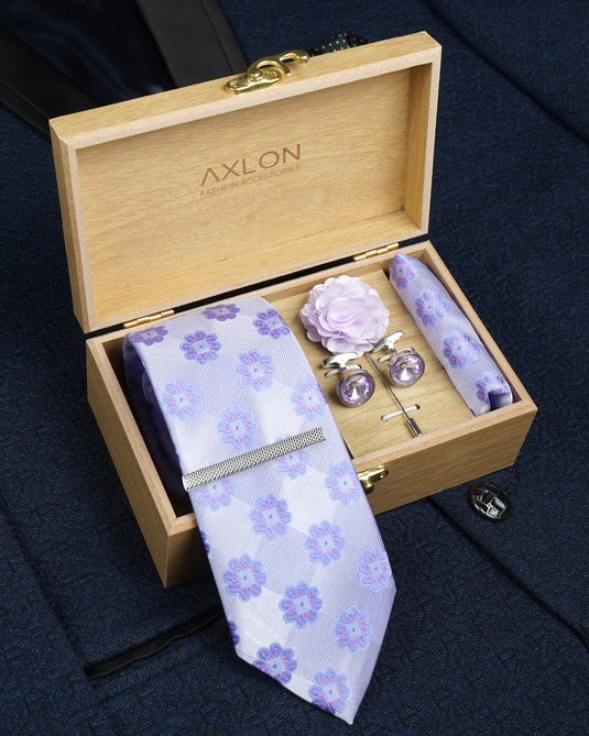 Axlon Tie Set for Men -  Soft Lavender, floral | Necktie Gift Box with Cufflinks, Pocket Square & Lapel Pin